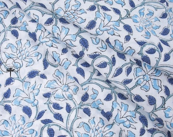 Blue Floral Hand Block Print Fabric Indian Cotton Natural Light Weight Kids Dress Fabric Home Decor Fabric By The Yard Handmade Fabric