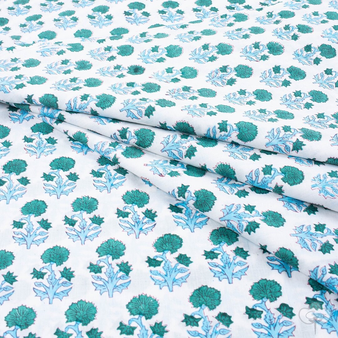 Green Flower Fabric Block Printed Cotton Fabric Floral Print Etsy