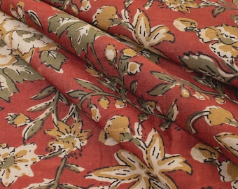 Red Cotton Bagru Hand Block Print Fabric by Yard, Green & White Leaf Design, Lightweight Indian Fabric for Dressmaking   Home Decor