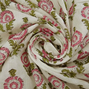 Pink Green Floral Print Fabric Pure 100% Cotton Indian Handmade Eco-Friendly Dye Sewing Material Womens Clothing Modern Fabric By The Yard