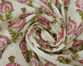 Floral Print Cotton Fabric, Pink & Green, Indian Block Print By The Yard