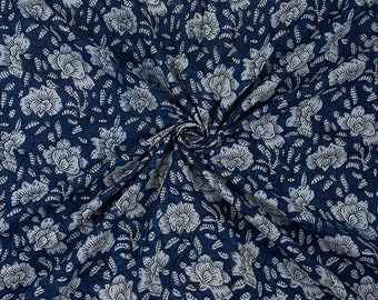 Indigo Blue Floral Print Fabric Natural Light Weight Fabric Block Print Dress Material Fabric Indian Cotton Fabric By The Yard