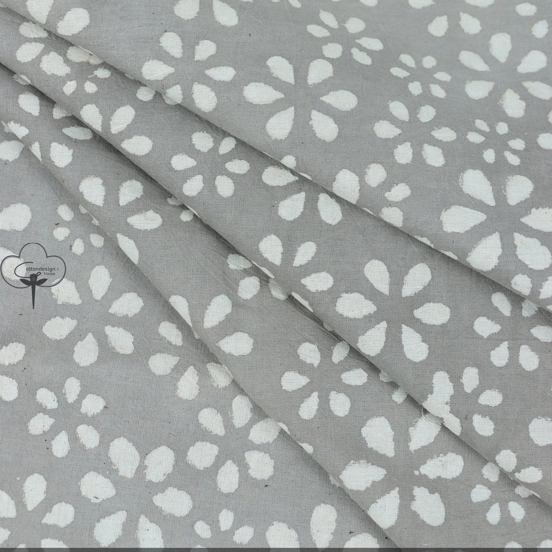 Grey Floral Print Fabric Indian Cotton Light Weight Fabric Kids Dress