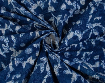 May include: A close-up of a fabric with a repeating floral pattern in shades of indigo blue and white. The fabric is draped, showing the texture and design. The pattern features stylized flowers and leaves.