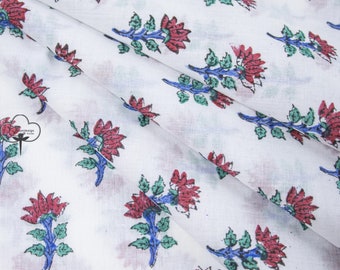 Indian Hand Block Red Blue Floral Print Fabric For Women's Clothing Fabric Vegetable Dyed Jaipuri Block Print Fabric By The Yard