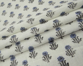 Grey Cotton Fabric by the Yard - Floral Hand Block Print Cotton Dressmaking Lightweight Fabric "Craft Fabric"