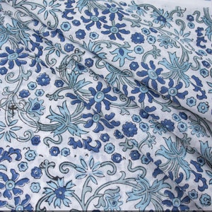Blue Floral Print Cotton Fabric - Handmade Jaipuri Fabric - Vegetable Dyed Dressmaking Material - Indian Sewing Supply