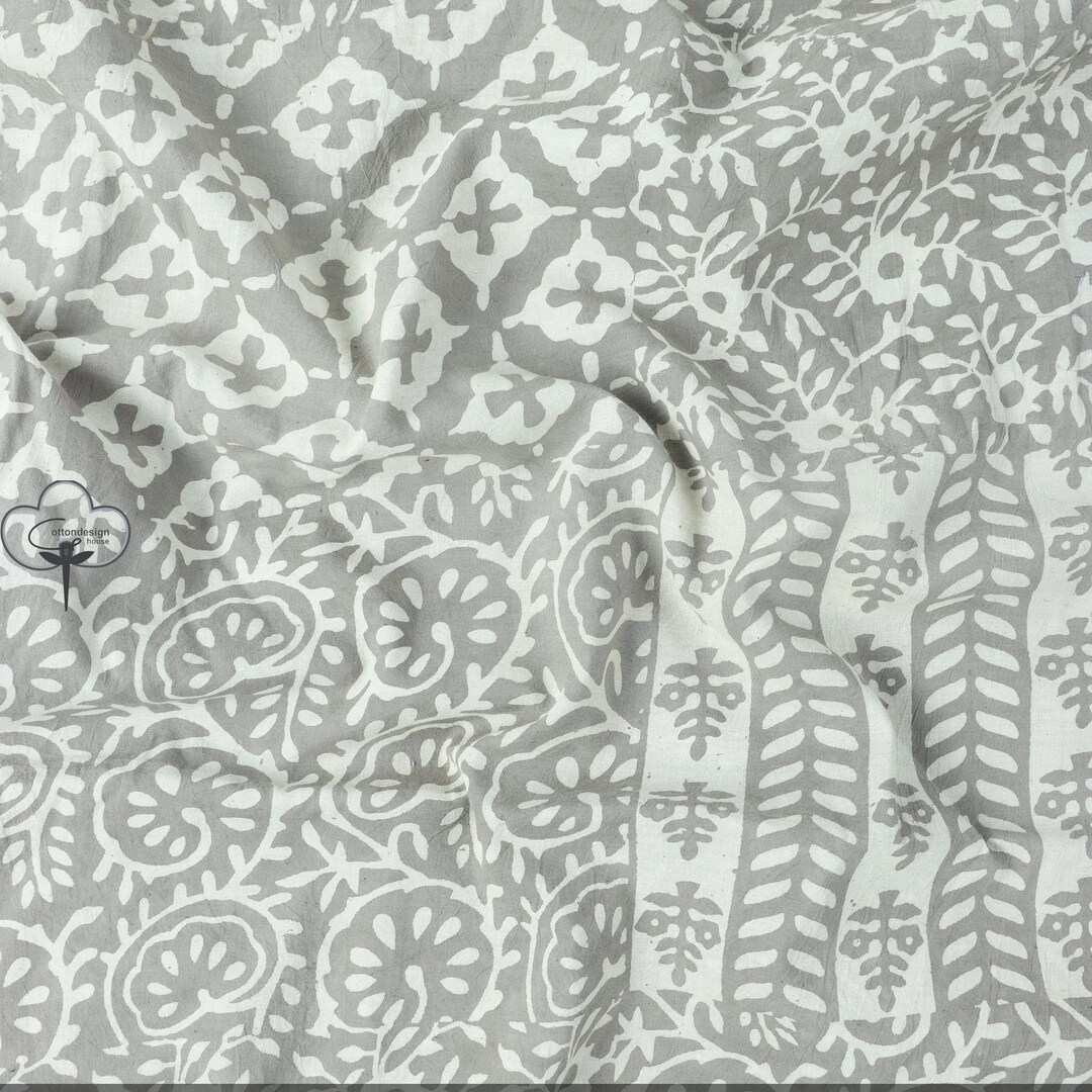 Grey Kashish Hand Block Print Fabric Indian Cotton Natural Light Weight Fabric Handmade Fabric