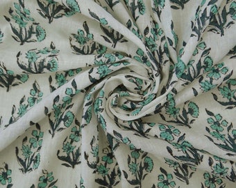 Green Floral Block Print Fabric cotton Summer dress fabric By the Yard, Crafts, Men, Women, Kids Dressmaking Soft Lightweight Fabric CFC74