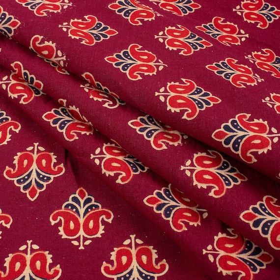 Ajrakh Hand Block Floral Print Fabric • Indian 100% Pure Cotton Light Summer Dressmaking Modern Fabric • Womens Clothing By The Yard