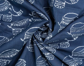 Fabric By The Yard Indigo Blue Elephant Print Fabric Indian Cotton Hand Block Print Fabric for Kids, Men and Women shirt Running Fabric