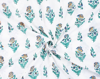 Hand Block Print Cotton Fabric: Green & Blue Floral, Indian Decor By The Yard