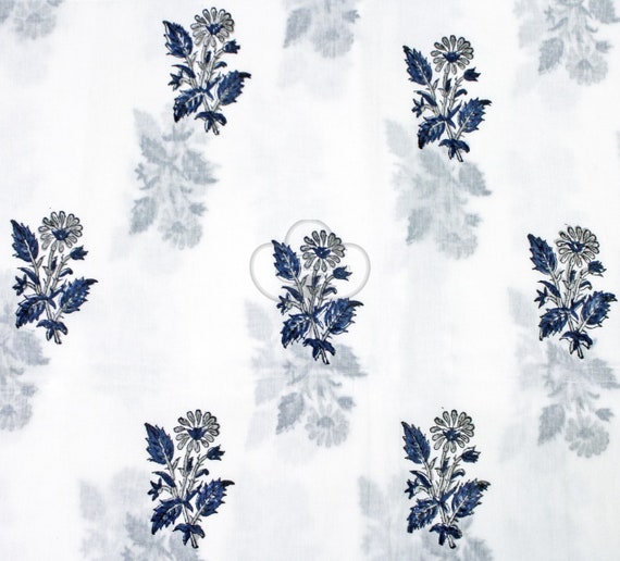 Grey Blue Floral Print Fabric Indian Block Print Cotton Natural Light Weight Fabric Dressmaking Fabric Home Decor Fabric By The Yard
