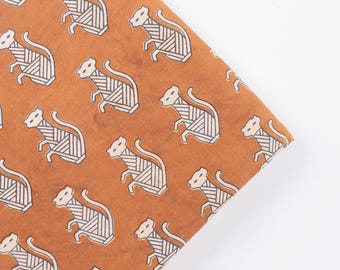 Cat Print Hand Block Printed Dabu Fabric by Cotton Design "Rust Brown Cotton Fabric"