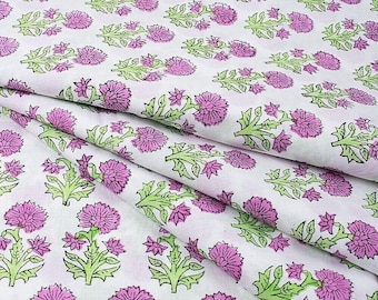 Green Pink Hand Block Floral Printed Fabric Indian 100% Cotton Light Weight Summer Dressmaking Home Decor Womens Clothing By The Yard