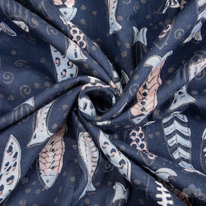 Fish Print Cotton Fabric by the yard Hand Block printed Fabric, Natural Color Soft Dressmaking Fabric, Upholstery Fabric Craft Fabric CFC176