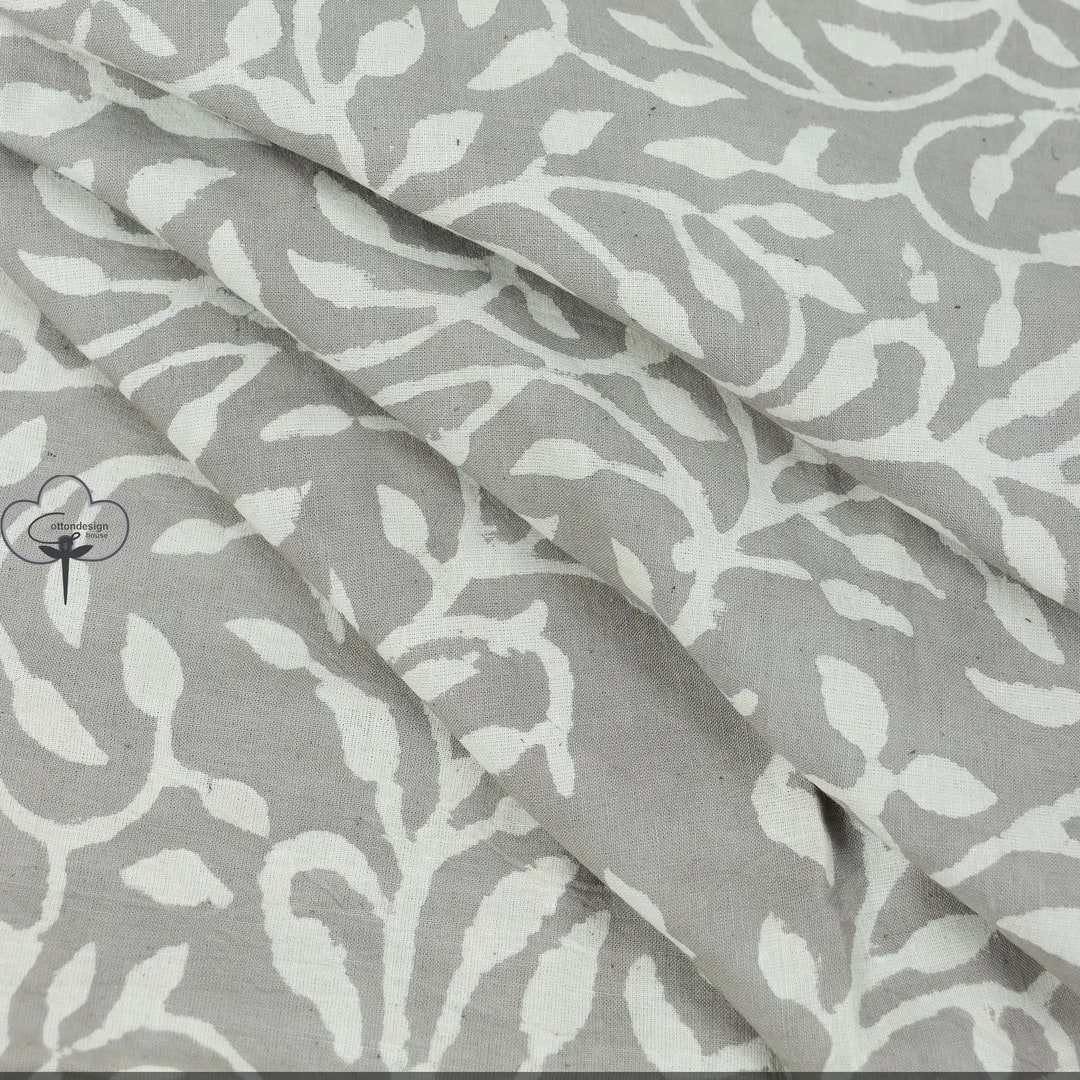 Grey Floral Mud Resist Hand Block Print Fabric Indian Cotton Natural Light Weight Fabric Hand
