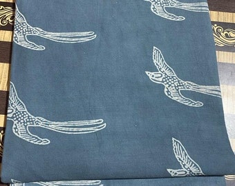 Indigo Blue Hand Block Birds Print Fabric Indian Handmade 100% Cotton Fabric For Womens Clothing Jaipuri Block Print Fabric By The Yard