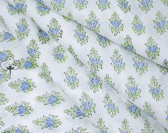 Indian Green Blue Floral Block Print Fabric Running Fabric Womens Clothing Sewing Jaipuri Block Print Fabric By The Yard