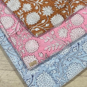 Hand Block Floral Print Fabric Indian 100% Pure Cotton Natural Light Weight Fabric Sewing Running Fabric Dressmaking Fabric By The Yard