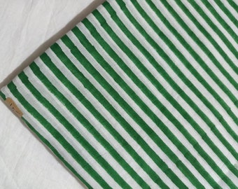 Striped Print Cotton Fabric Hand Block Print Craft sewing Print Green Natural Printed Cotton Fabric By the Yard Women's dress Fabric CDHF#10