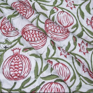 Red Green Floral Print Fabric By The Yard Indian Hand Block Printed Cotton Voile Fabric, Sewing Clothing Mud Cloth Crafting Fabric