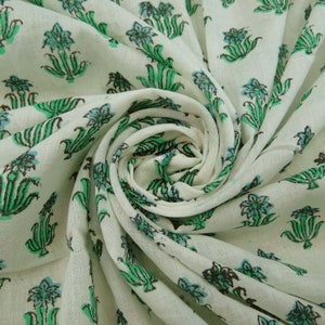 Indian Floral Fabric Green Handmade 100 % Cotton Hand Block Print Fabric Indian Clothing Womens For Dress Vegetable Fabric By Yard