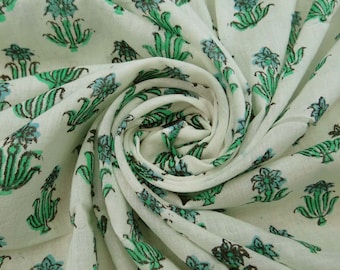 Indian Floral Fabric Green Handmade 100 % Cotton Hand Block Print Fabric Indian Clothing Womens For Dress Vegetable Fabric By Yard