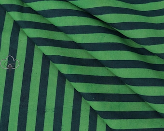 Green Striped Indian Cotton Fabric - Light Weight for Dressmaking - Block Print Craft Fabric