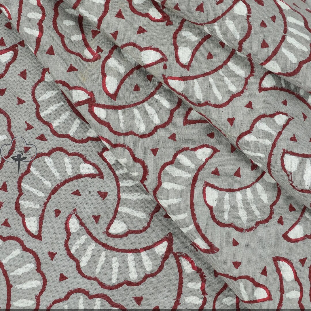 Red Grey Hand Block Kashish Print Fabric Indian Cotton Natural Light Fabric Sewing Running