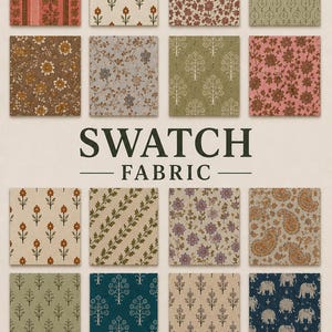 May include: A collection of twenty fabric swatches arranged in a grid, featuring various patterns including floral, paisley, elephant, polka dot, and striped designs in colors like red, green, blue, brown, and cream, with the text SWATCH FABRIC.
