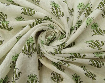 Green Floral Hand Block Print Cotton Fabric by the Yard - Indian Handmade Dress Material Fabric - Sewing Fabric for Craft- Running Fabric
