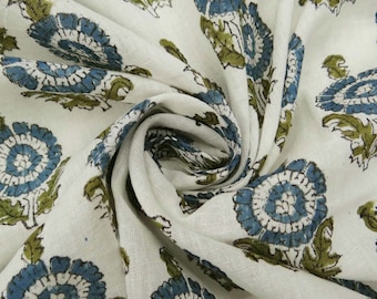 Green & Blue Floral Hand Block Print Indian Handmade Cotton Fabric For Dress Material Dress Making Summer Women Dress Fabric Robe By Yard