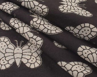 Bagru White Butterfly Hand Block Printed Fabric Indian 100% Cotton Lightweight Home Decor Summer Dress Womens Clothing Fabric By The Yard