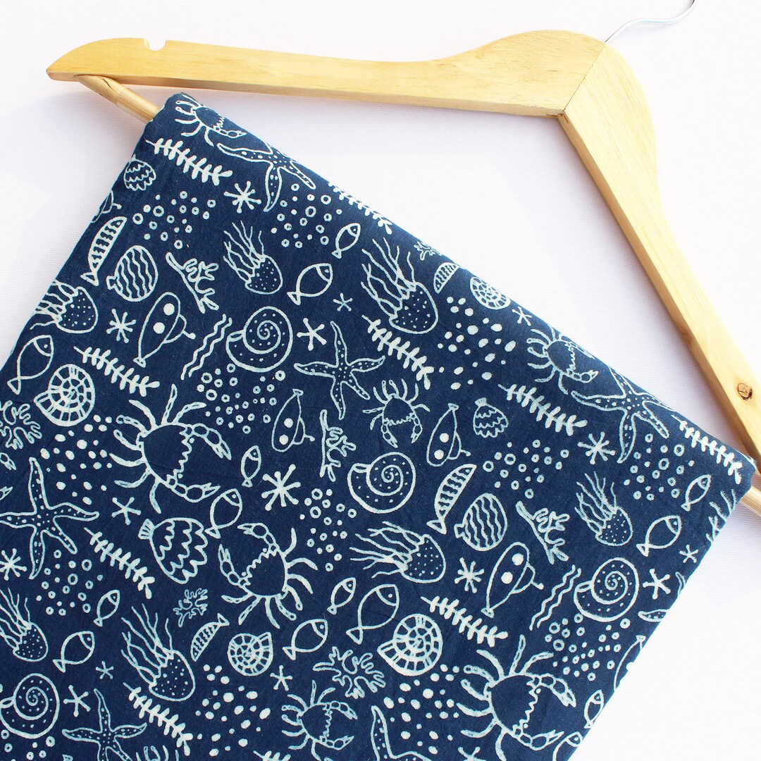 Indigo Blue Hand Block Print Fabric Indian Cotton Natural Light Weight