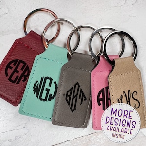 Keychain - 3 letter monogram, leatherette, engraved on one side, rectangle