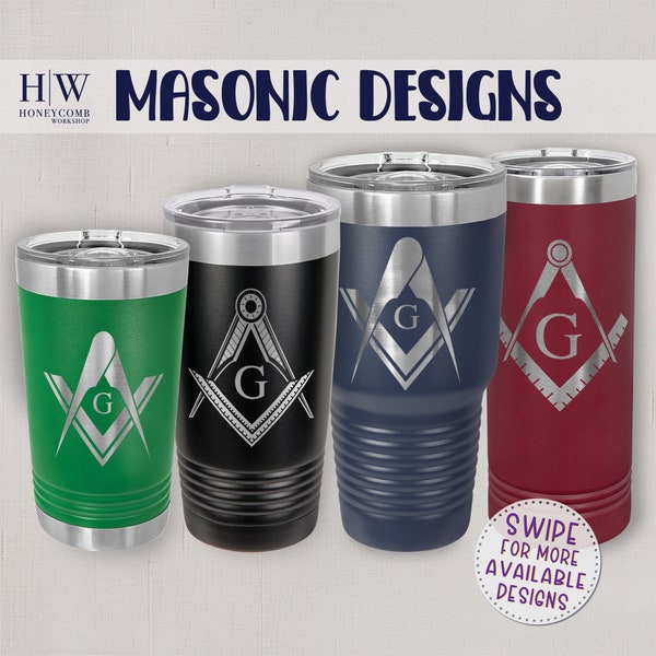 Engraved MASONIC tumbler - 16 oz, 20 oz, 22 oz, 30 oz. Stainless steel, powder coating, double-wall insulation, different colors