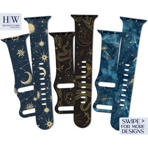 May include: Three different watch bands with a celestial theme. The bands are blue and black with gold accents. The bands feature a snake, stars, and moons. The text "SWIPE > FOR MORE DESIGNS" is at the bottom of the image.