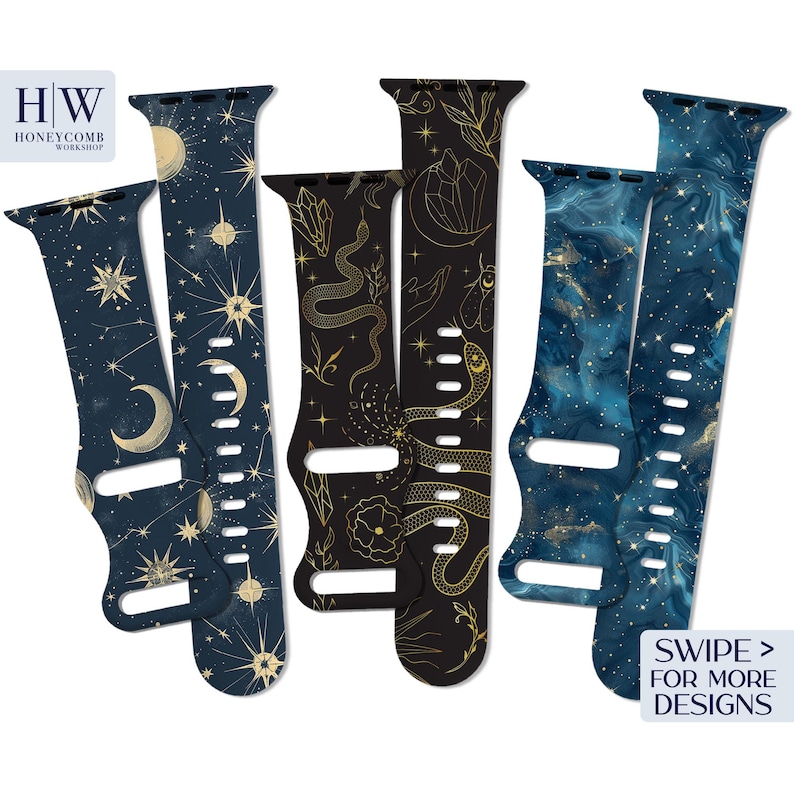 May include: Three different watch bands with a celestial theme. The bands are blue and black with gold accents. The bands feature a snake, stars, and moons. The text "SWIPE > FOR MORE DESIGNS" is at the bottom of the image.