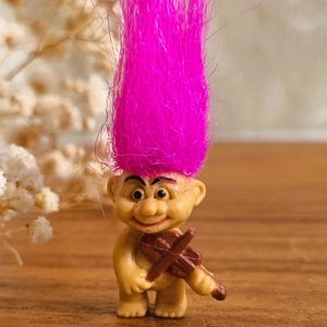 Vintage 1990s Mini Troll Doll with Pink Hair and Violin - Collectible Retro Toy