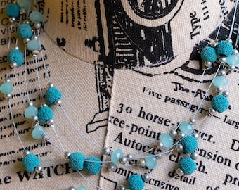 Y2K Aqua Crochet Beaded Necklace | Pastel Multi-Strand Jewelry