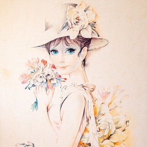 Vintage 70s Josephine Currie Girl with Flowers Corkboard Print