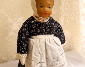 Antique European Folk Doll with Paper Mache Head & Handmade Lace Apron, Rustic Vintage Textile Doll, Collectible Cottagecore Home Decor