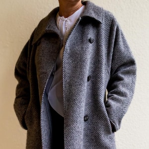 Vintage 1970s Finnish Wool Coat – Elegant Gray Herringbone Long Coat
