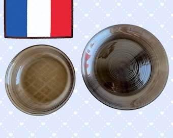 Vintage Arcoroc France Smoked Glass Plate Set 7 Pieces Ribbed Dinner & Soup Plates 1970s 1980s French Tableware MCM Kitchen Decor