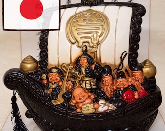 Vintage Japanese Shichifukujin Takarabune Treasure Ship Ceramic Statue 28cm Seven Lucky Gods Folk Art Prosperity Decor Gift