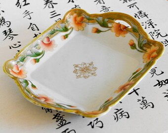 Vintage Nippon Porcelain Hand Painted Floral Tray with Gold Trim - Japan Antique Collectible