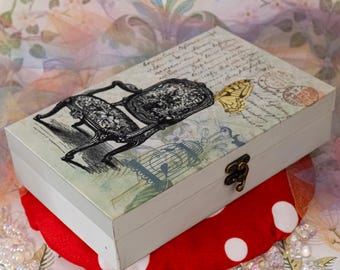 Romantic Fabric Covered Wooden Jewelry Box, Butterfly Trinket Box, Cottagecore Shabby Chic Keepsake Storage, Vintage Style Decor