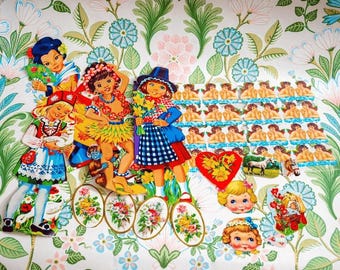 Vintage Mixed Kiiltokuvat Die-Cut Set with Angels, World Costume Girls, Floral & Horse Images for Scrapbooking Journaling Crafts