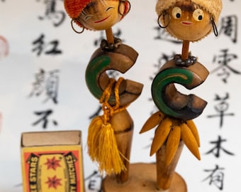 Vintage Okinawan Islander Kokeshi Doll Pair Japanese Folk Art Wood Figures 1960s 1970s Decor